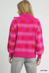 Umgee Floral Patterned Jacquard Quarter-Zip Pullover Sweater OutfitFlow